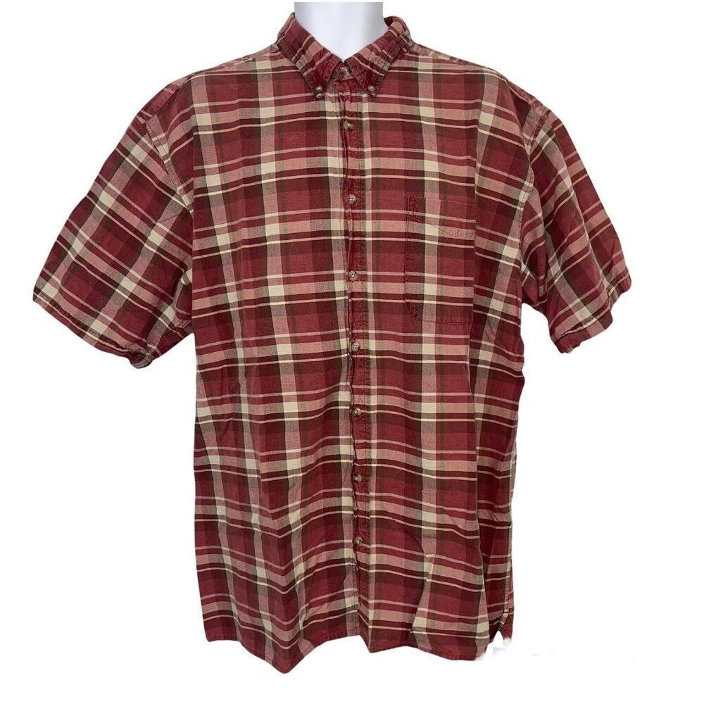 Mens Shirt XLT XL Tall Maroon Red Plaid Short Sleeve Button Down